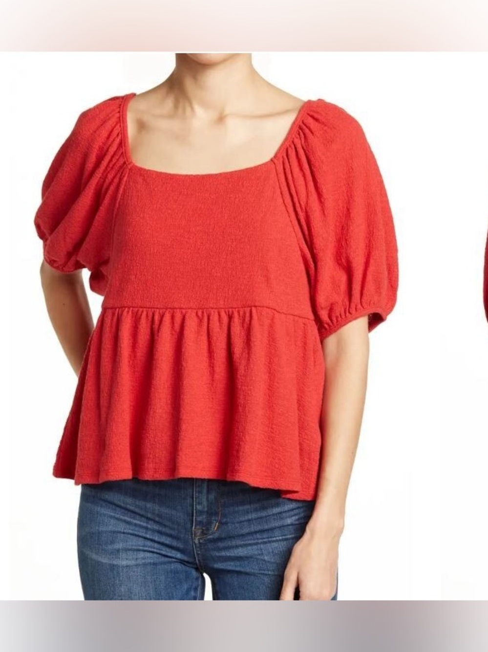 Red Square Neck Puff Sleeve Peplum Tunic